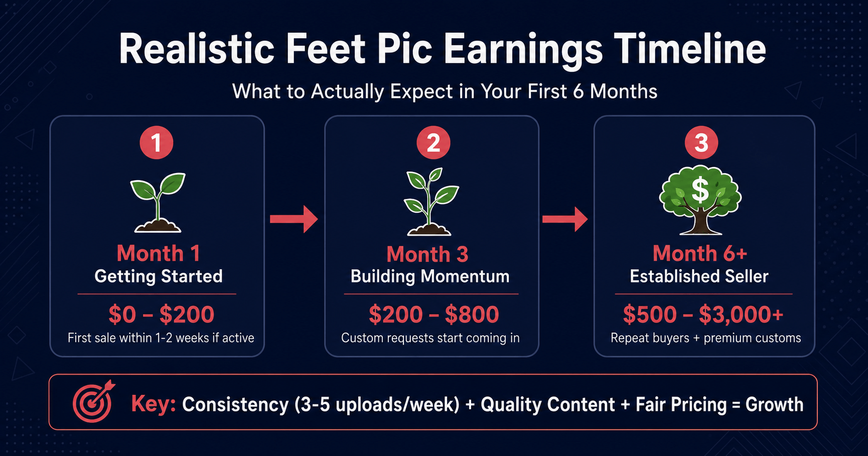Realistic feet pic earnings timeline — month 1 through month 6