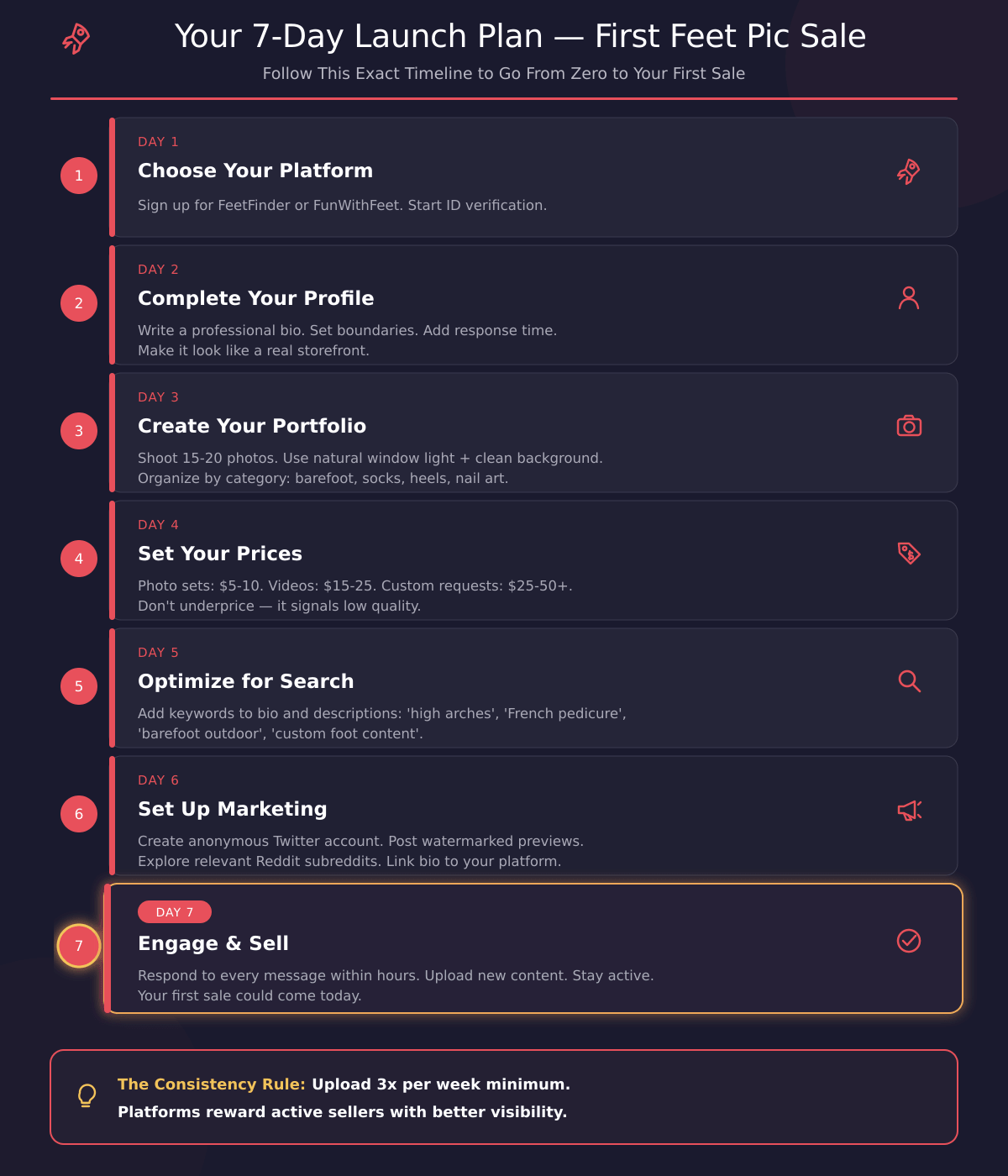 7-day launch plan for new feet pic sellers — daily action checklist