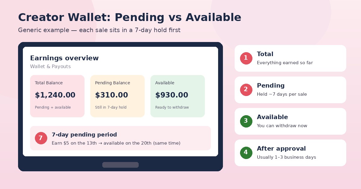 Laptop screen showing a generic creator earnings wallet with total, pending and available-for-payout balances.
