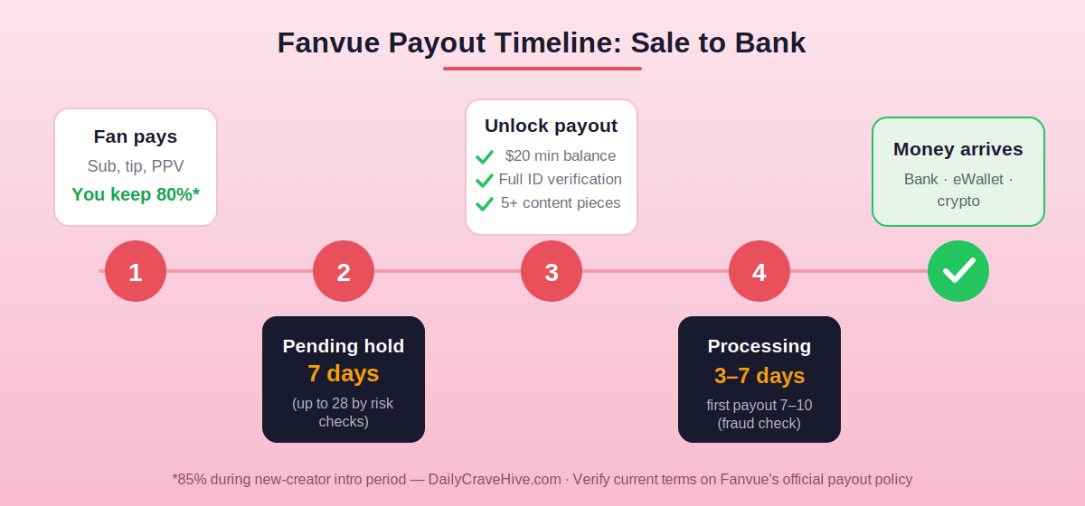 Fanvue review payout timeline from sale to bank showing hold period, requirements and processing times
