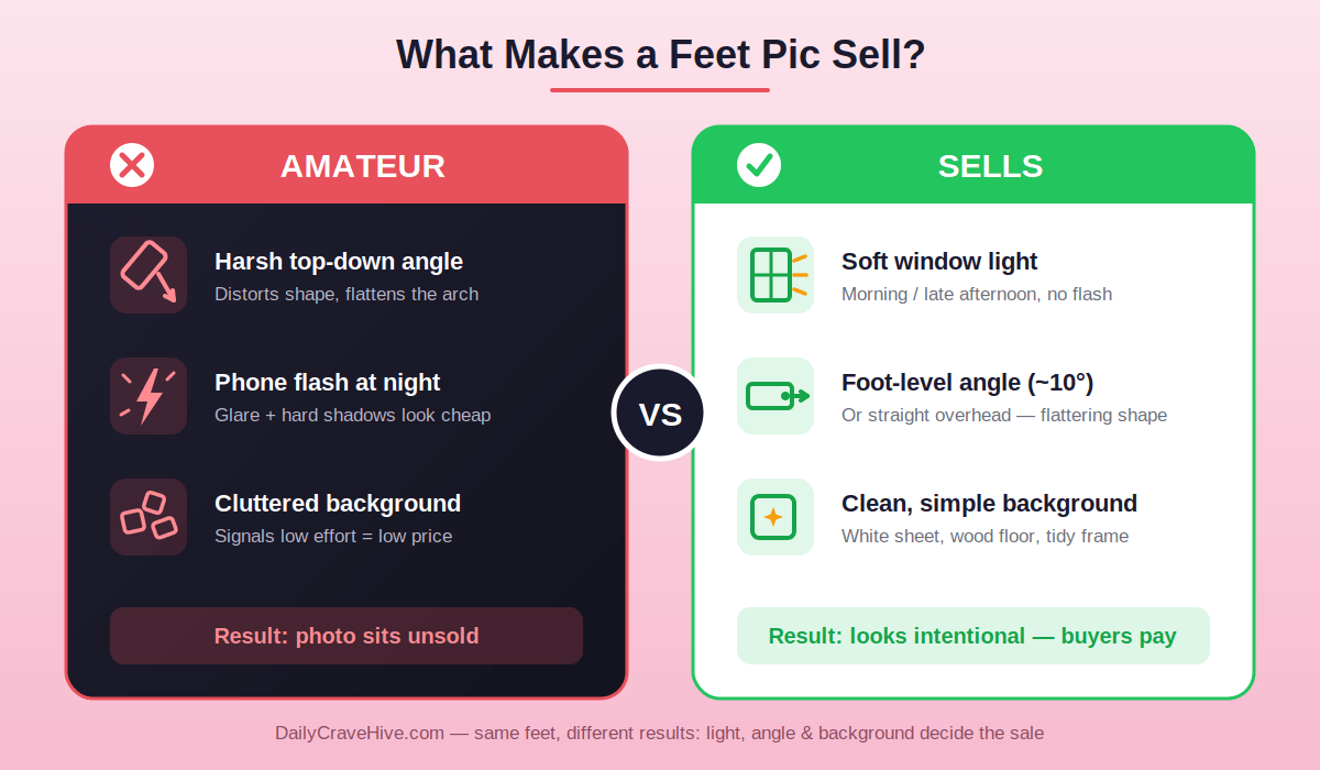Diagram comparing amateur feet pic mistakes vs professional feet pic technique that sells