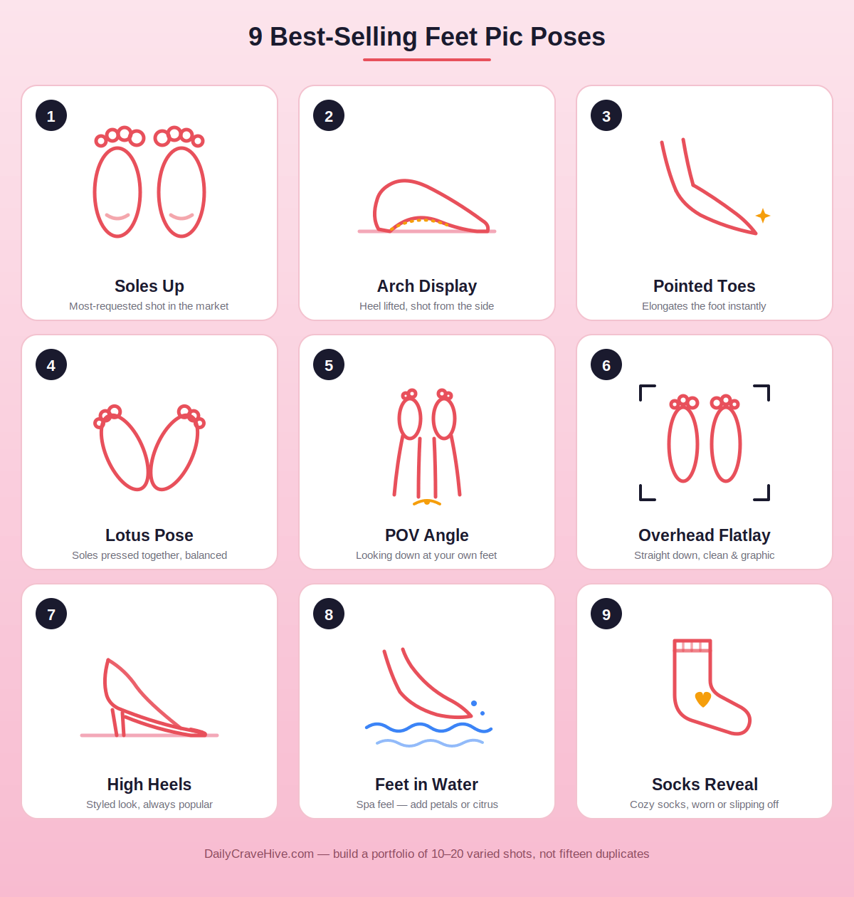 Illustrated grid of 9 best-selling feet pic poses