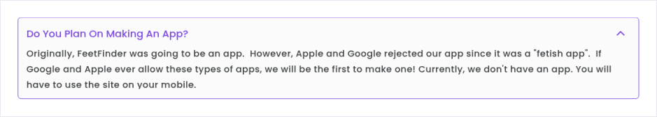 FeetFinder FAQ answer explaining that users should access the website on mobile
