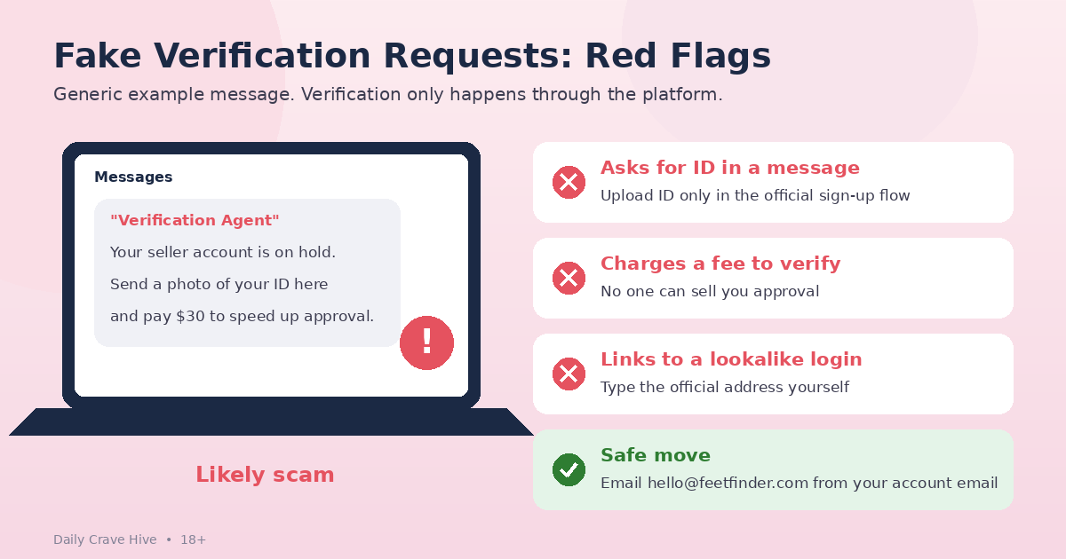 Generic laptop showing a fake verification agent message asking for an ID photo and a fee, beside a list of red flags and the safe response.