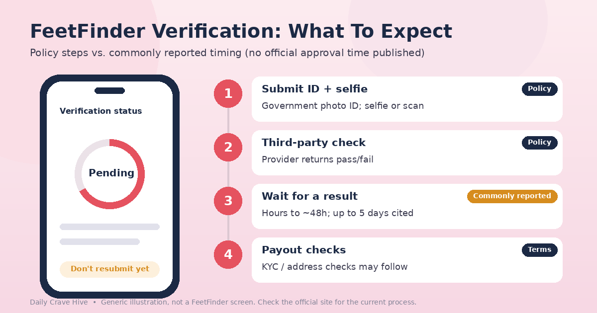 Generic illustration of a phone showing a pending verification status beside four steps: submit ID and selfie, third-party check, wait for a result and payout checks.