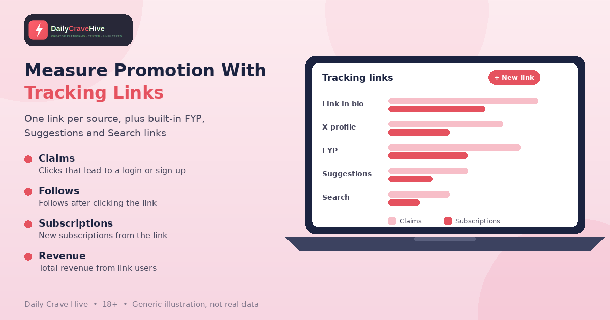 Generic laptop showing a tracking links dashboard with bars comparing claims and subscriptions for link in bio, X profile, FYP, Suggestions and Search, beside a list of the four tracking link metrics.