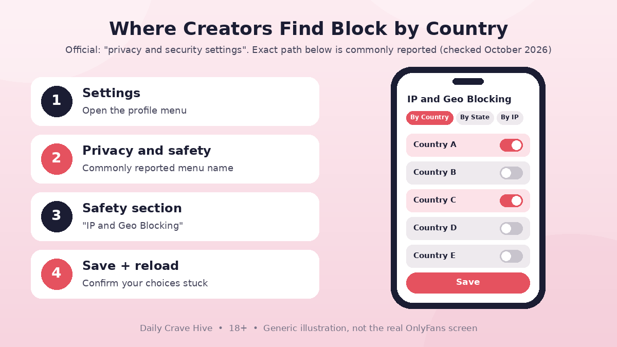 Generic smartphone privacy settings screen showing a list of countries and states with toggle switches, illustrating OnlyFans geoblocking