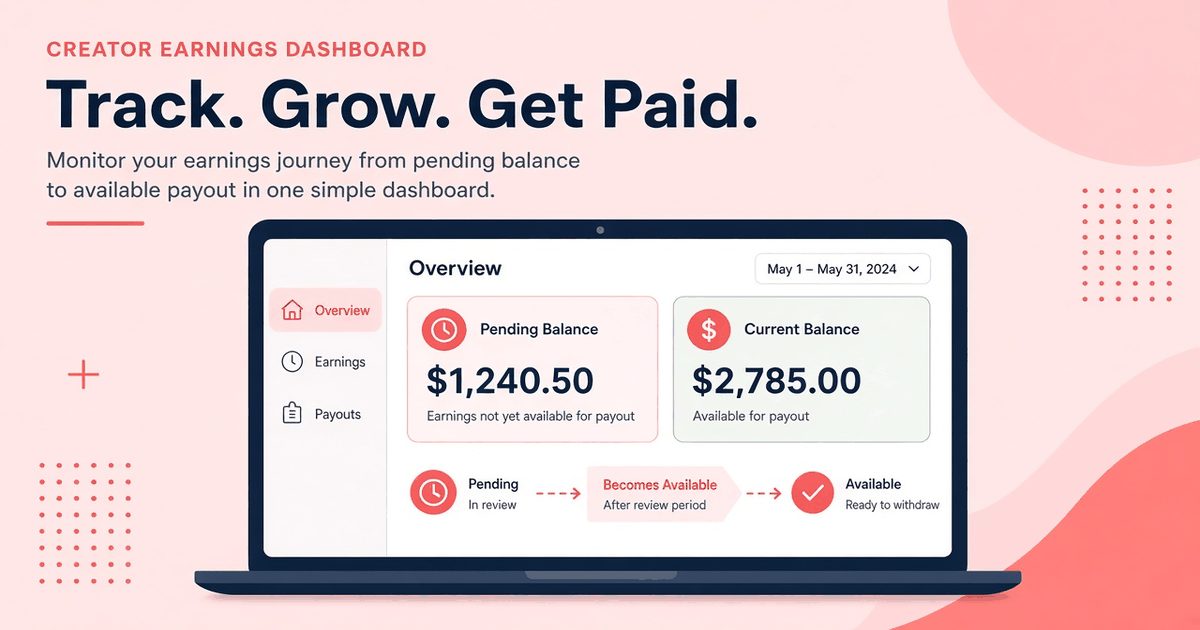 Laptop showing a generic earnings dashboard with pending and available balances