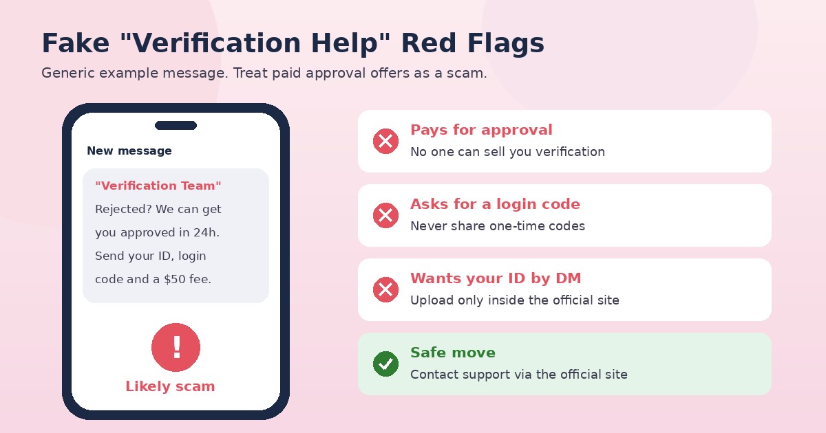 Generic phone message from a fake verification team offering paid approval, beside a list of red flags and the safe response.
