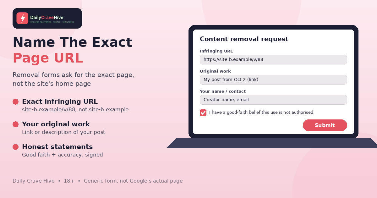 Laptop screen showing a generic content removal request form with fields for the exact infringing URL, the original work and a good-faith statement checkbox, in Daily Crave Hive colours.