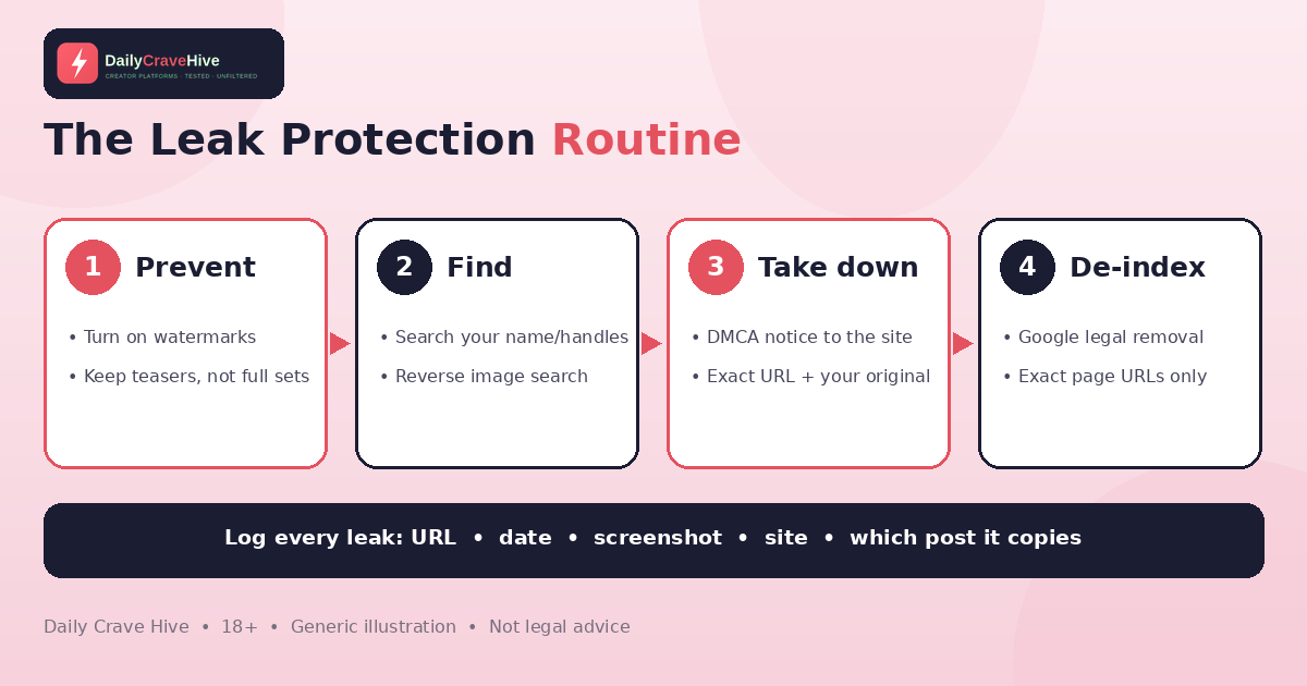 Four-step diagram in Daily Crave Hive colours: prevent with watermarks, find leaks early, send DMCA takedowns and ask Google to de-index the URL, with a leak log in the middle.