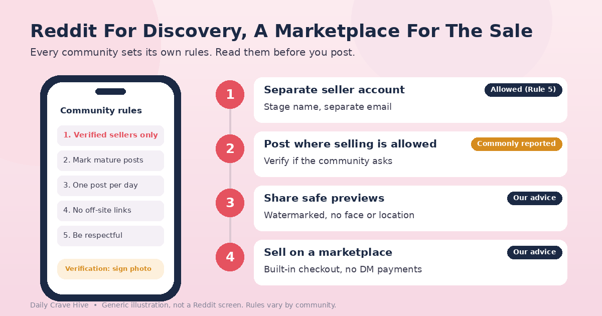 Generic illustration of a phone showing a community rules list with a verification note, beside four steps: separate seller account, post where selling is allowed, share safe previews and sell on a marketplace.