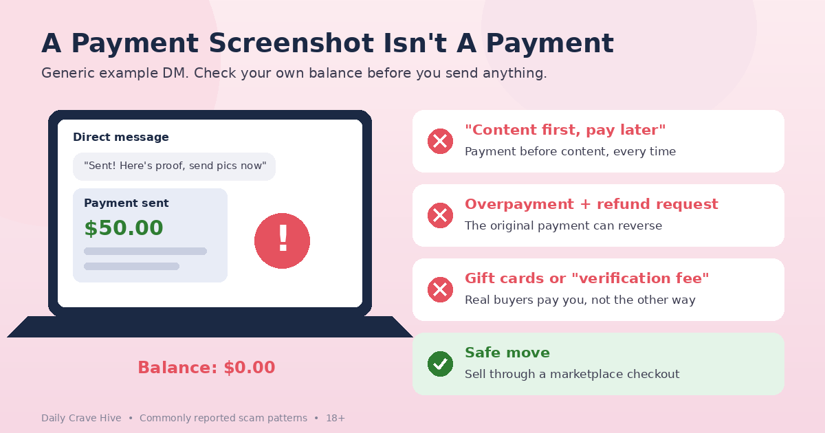Generic laptop showing a direct message with a fake payment screenshot and a warning icon, beside a list of common scam patterns and the safe move.