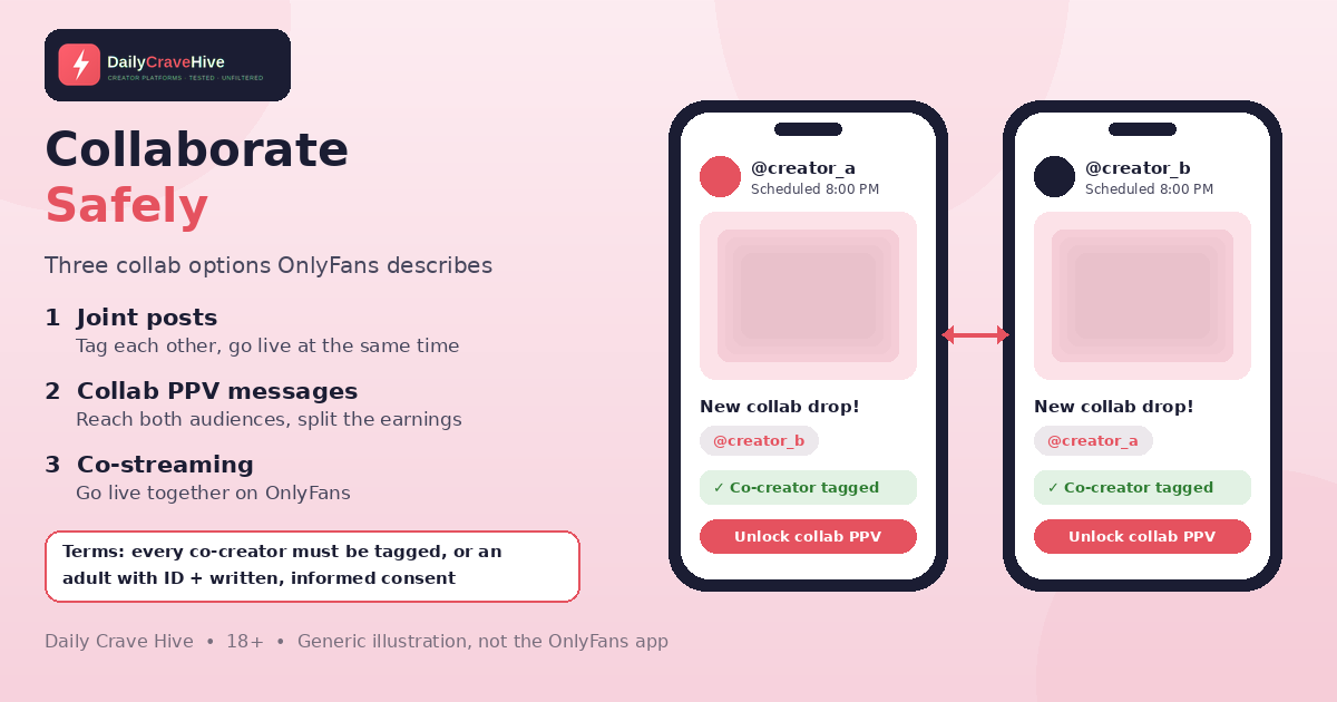 Generic illustration of two smartphones showing the same scheduled collaborative post, each tagging the other creator with a co-creator tagged badge, beside the three collaboration options OnlyFans describes.