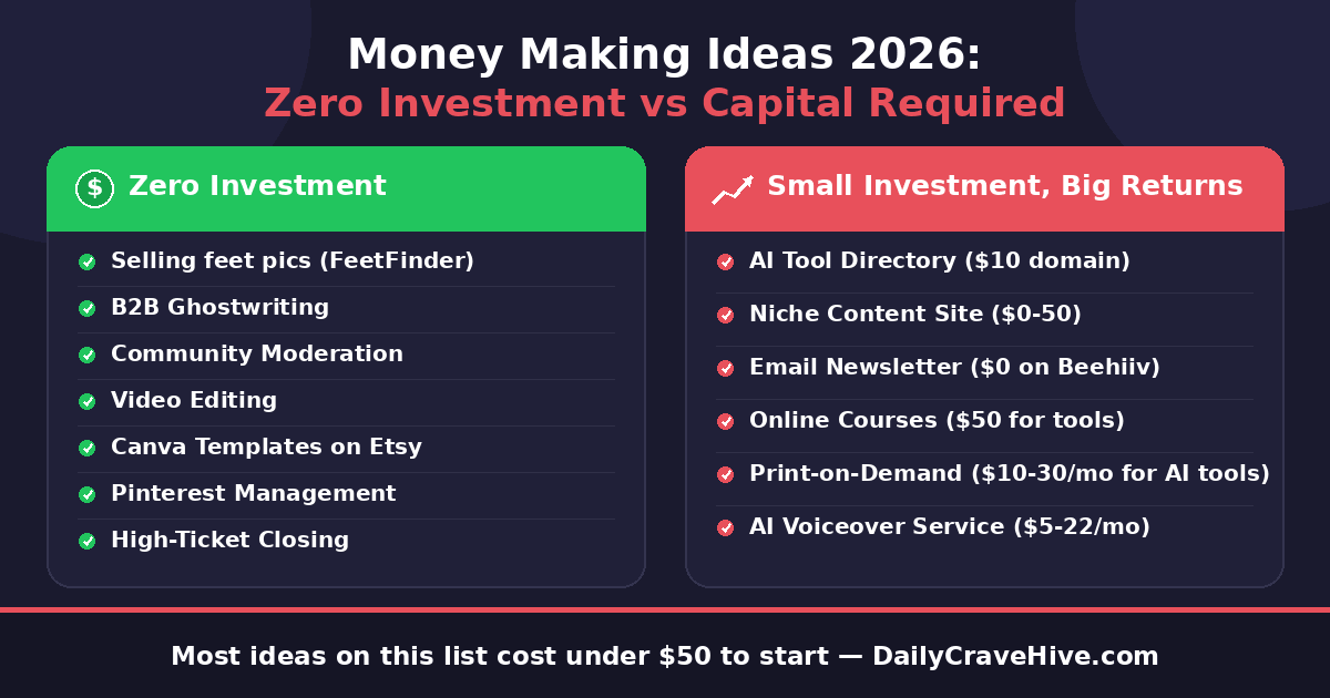 Money making ideas 2026 — zero investment vs capital required comparison